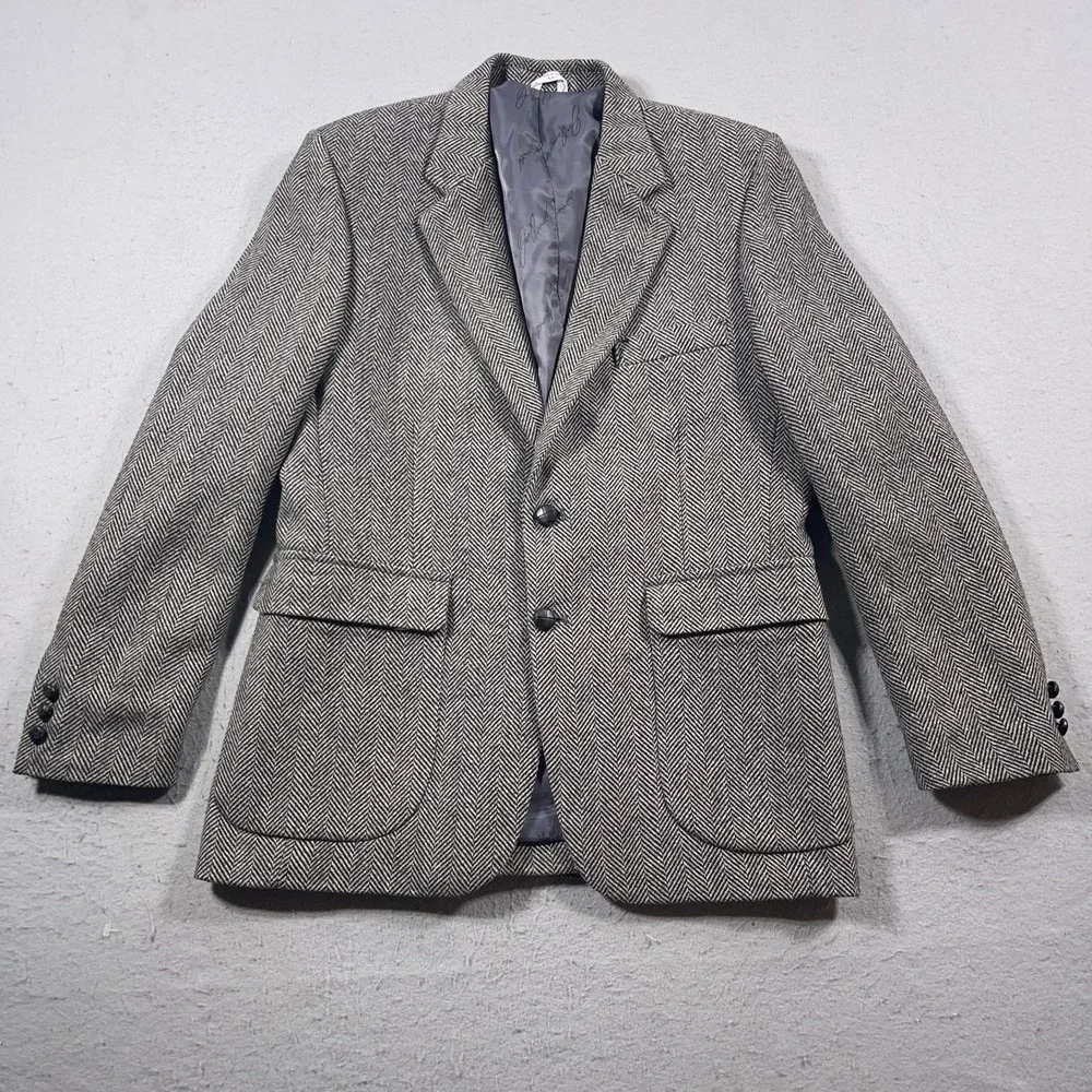 Vintage Herringbone‎ Tweed Blazer Mens 40R Gray Wool Blend Old Money Classic